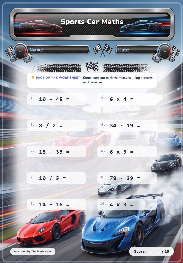 Example Math Maker worksheet — Sports Car theme